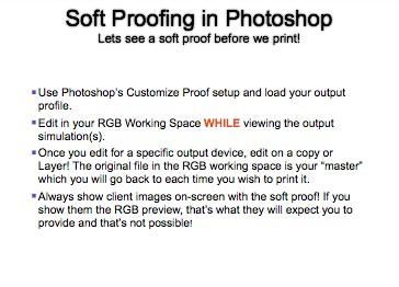 11 Soft Proof: A term that describes the process of using ICC color management to produce a preview of an image on screen that simulates (proofs) how that image will output to a specific printer.