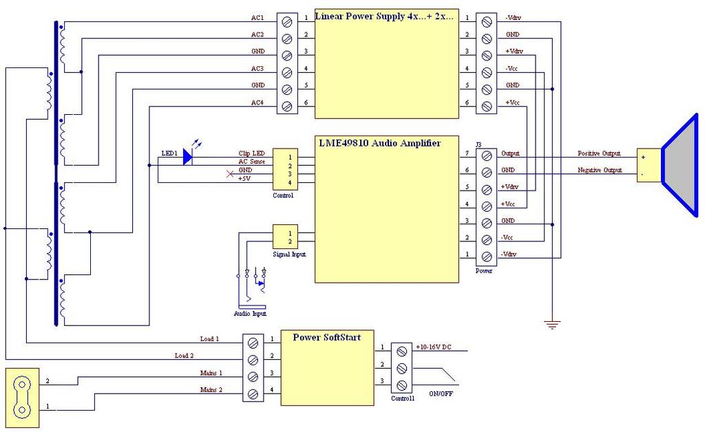 Figure 6: LME49810 Audio Amplifier System Connection Diagram using a mains transformer supply Figure 7: LME49810 Audio Amplifier System Connection Diagram using a SMPS Disclaimer: The LME49810 Audio