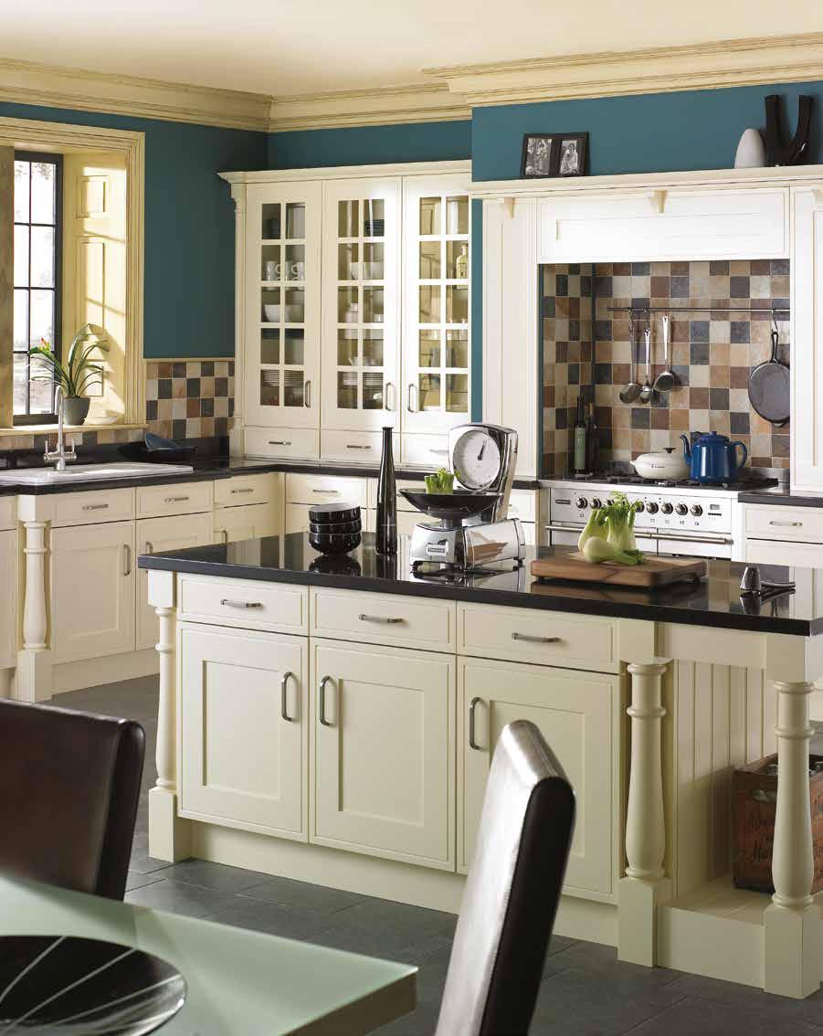 natural buttermilk finish, this country-styled kitchen complements the traditional home
