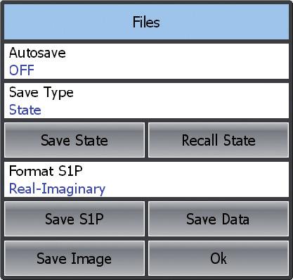 Data Output Analyzer State All state, calibration and measurement data can be saved to an Analyzer state file on the hard disk and later uploaded back into the software program.