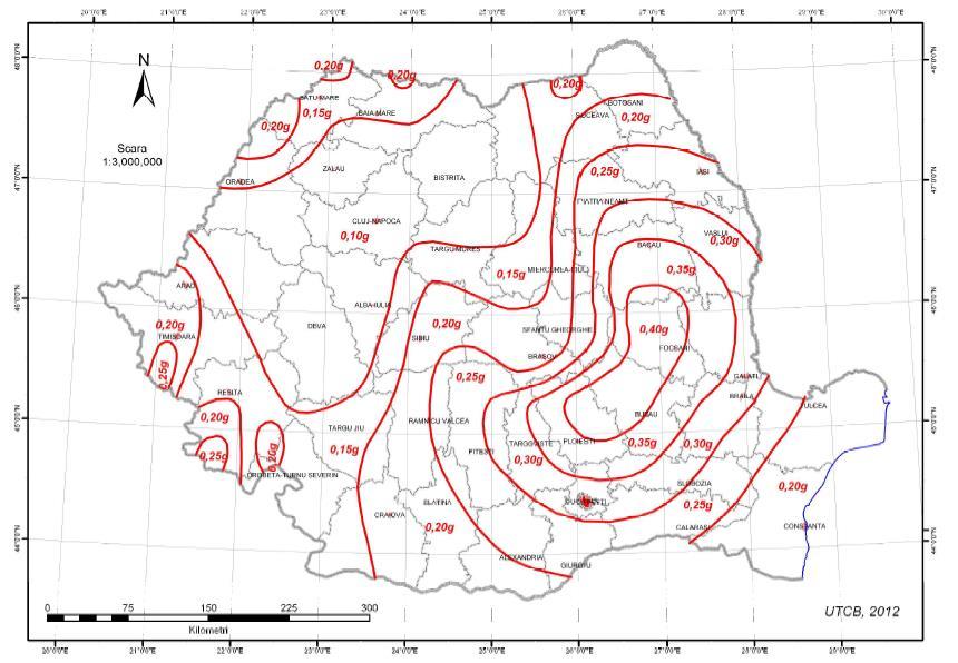 Figura 8. Harta zonării seismice a României cu valori PGA Sursa: Cod de proiectare seismică P100-1/2013. 83.