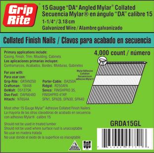 Finish & Brad Nails 15 Gauge Angled DA Finish Nails & Tools 15 Gauge Angled DA Finish Nails Primary applications include: Casing, Finish, Trim, Moulding & Cabinets* Manufacture ACCUSET A250FN AIRY