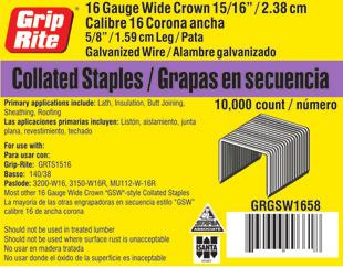Staples 16 Gauge GSW Wide Crown Staples & Tools 16 Gauge GSW Wide Crown Staples Primary applications include: Lath, Insulation, Butt Joining, Sheathing & Roofing* B2B 16W50P, 16W38P BASSO 140/38