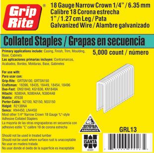 Staples 18 Gauge L Narrow Crown Staples & Tools 18 Gauge L Narrow Crown Staples Primary applications include: Casing, Finish, Trim, Moulding, Base and Cabinets* Manufacture ACCUSET A100LS, A150LS,