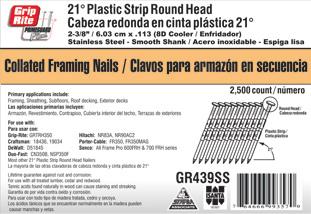 21 o Round Head Plastic Stick Nails Primary applications include: Framing, Sheathing, Subfloors & Roof Decking* Lifetime Guarantee Against Rust and Corrosion Stainless Steel 304 Stainless 8D 2-3/8" x.