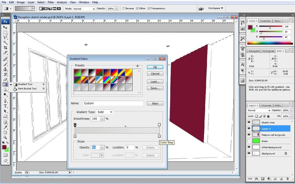 If you click and hold on the Paint Bucket Tool, you will see the Gradient Tool. The gradient tool is very useful for shading surfaces within interior design sketches.