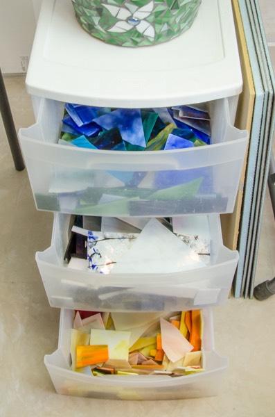 Staying Organized > Glass Glass If you work with larger pieces of scrap glass, you will need to have bigger bins to store them in.