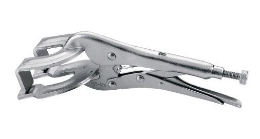 Curved jaw locking pliers with wire cutter