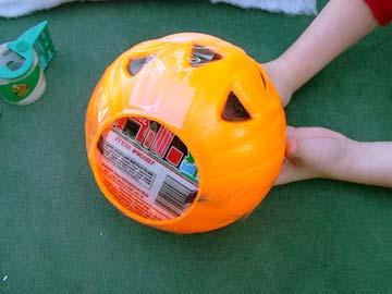 The styrofoam around the egg was removed and cotton balls were added to the batting inside the pumpkin.