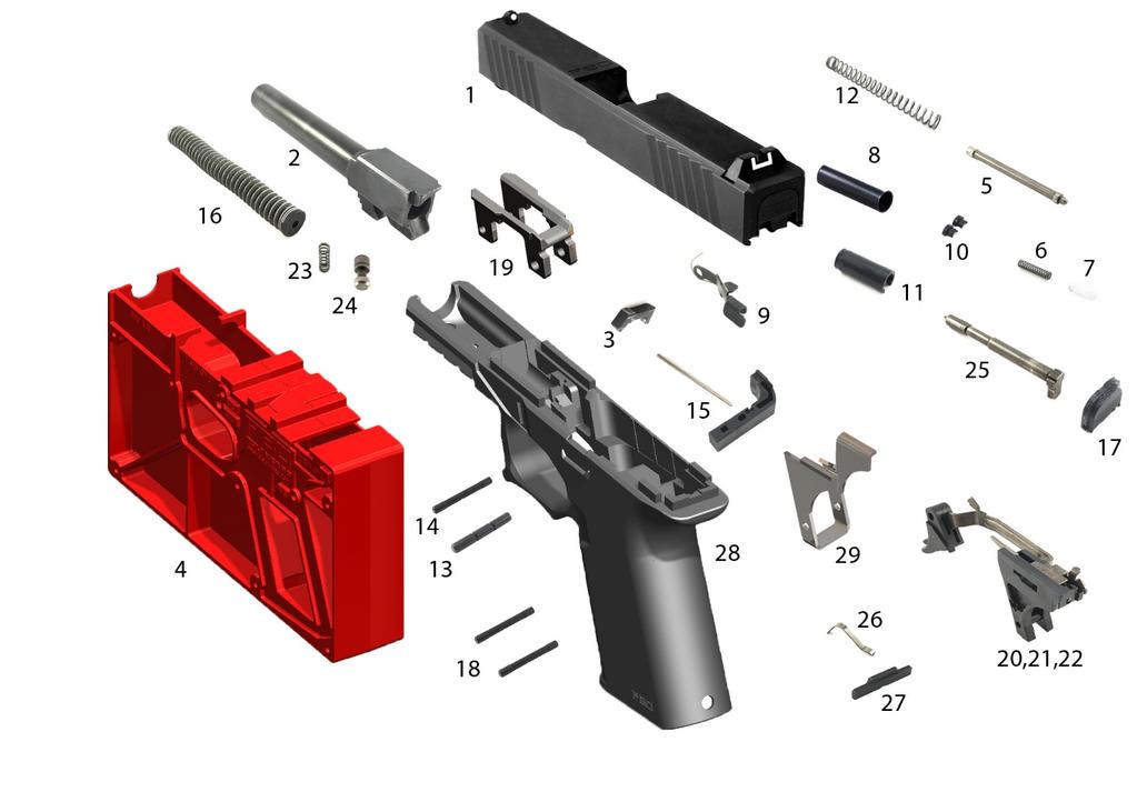 Parts List (not all parts are included within the Polymer80 standard 80% kit) Provided below is a convenient complete list of parts that are needed to finish your own PF940 series pistol frame.
