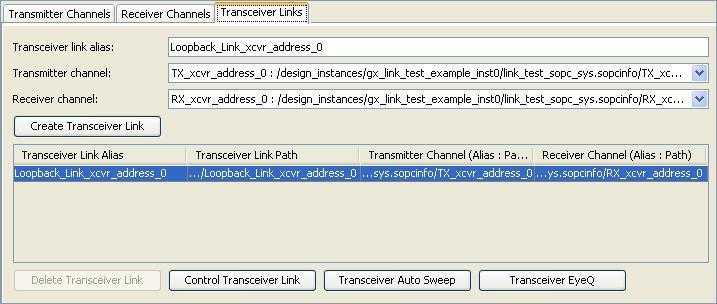 Create Links Launch Transceiver Toolkit Create Links Transceiver Links tab The channels in your design are auto-populated in the Transmitter Channels and Receiver Channels tabs By default, a