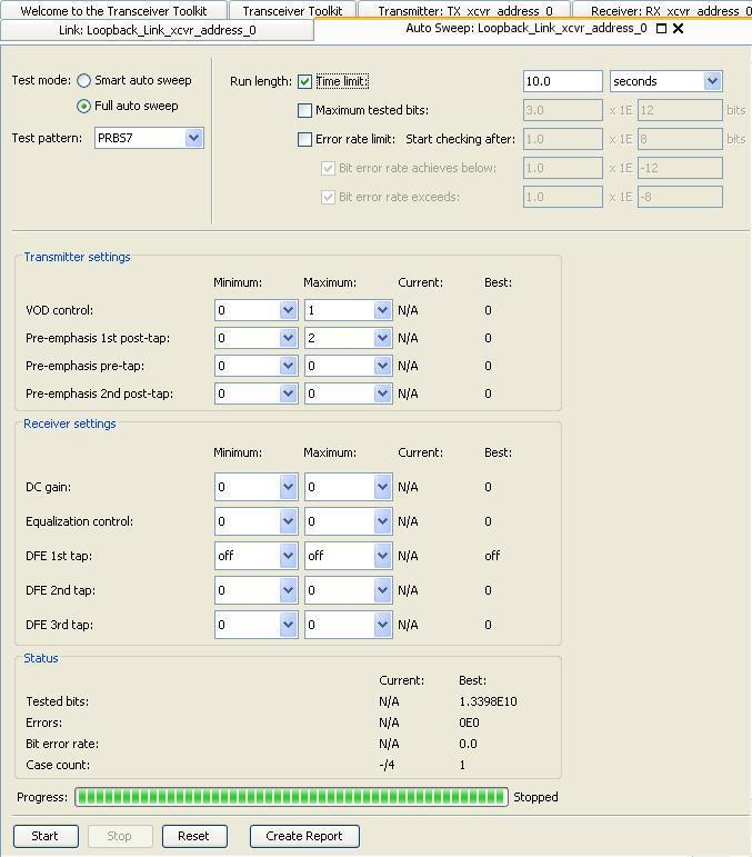 Auto-Sweep BER Tests Click Transceiver Auto Sweep Choose the Minimum and Maximum values for each setting (e.g. VOD, pre-emphasis, DC gain, equalization, etc.
