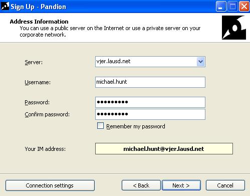 4. Enter information as seen below, replacing your own username and password. Server: Erase text currently in field, if any, and enter vjer.lausd.net as seen below.