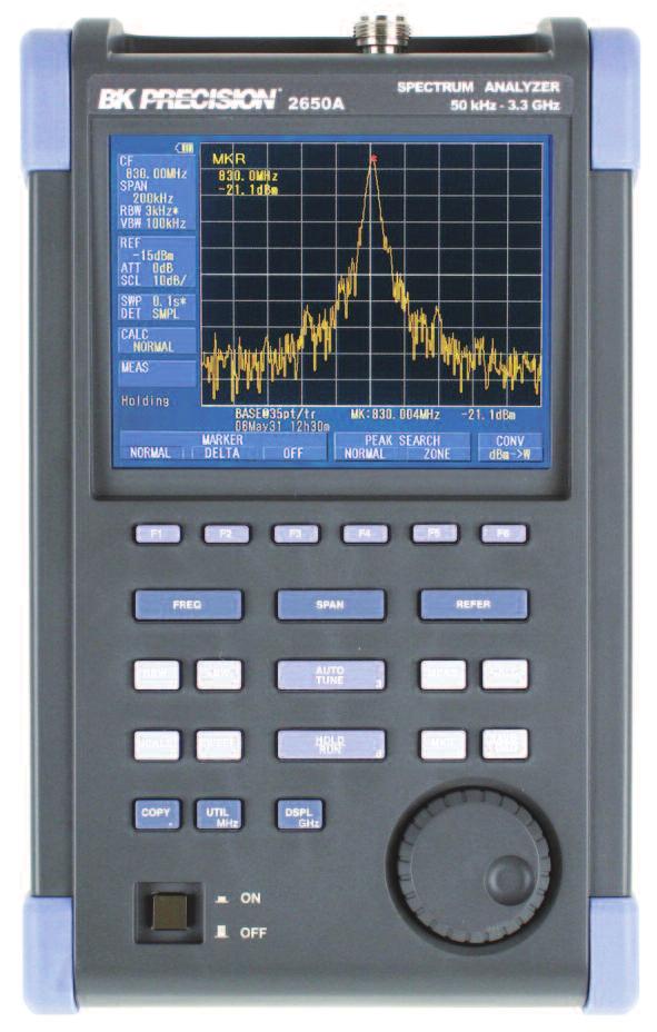 Spectrum Analyzers Handheld Spectrum Analyzers Front Panel Large color screen (640 x 480 pixels) can be switched to high contrast monochrome display in extreme sunlight with adjustable backlight RF