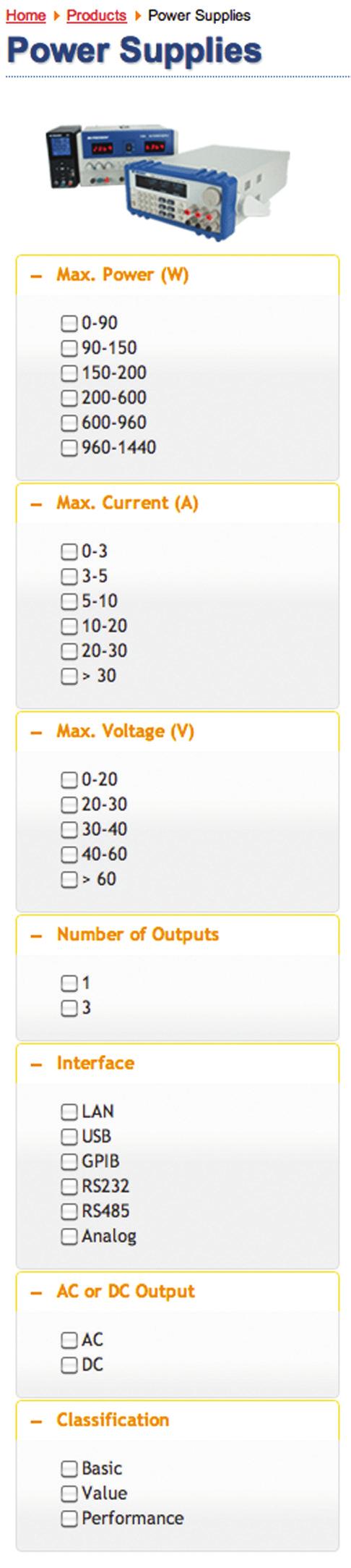 Table of Contents Power Supply Filter Tool Category Page The B&K Precision website features comprehensive filtering tools to help you quickly choose the right instrument for your application.