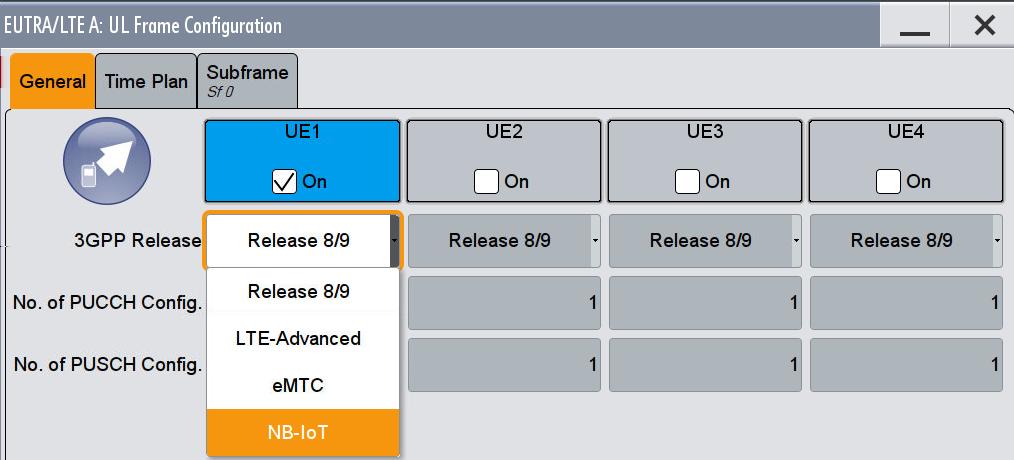 Click the (already) activated UE1. Figure 3-19: UE1 generates an NB-IoT signal. On the NB-IoT Allocation tab, set the relevant uplink signal parameters.