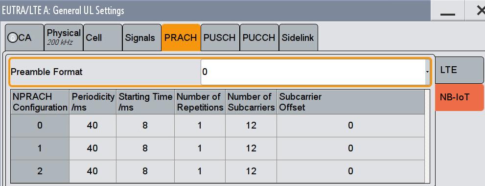 The general settings are in General UL settings, tab PRACH small tab NB-IoT: Figure 3-28: General NPRACH