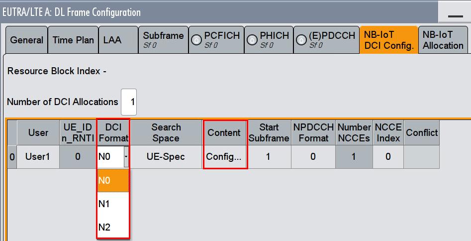 On the NB-IoT DCI Config tab, select DCI Format: N0 allocates the UE resources that it can use to send data on the