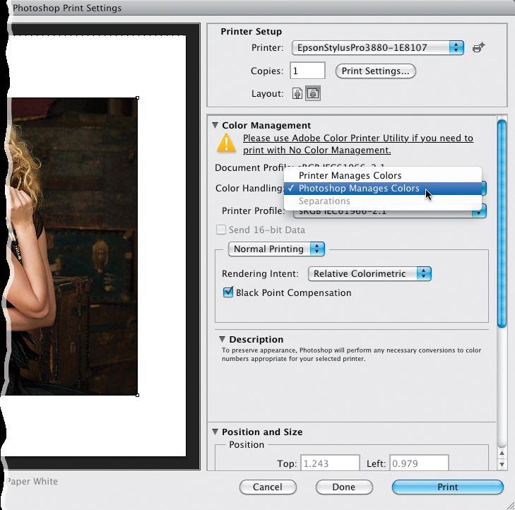 Step Seven: Okay, now let s turn on our Color Manage ment, so our prints will match what we see onscreen.