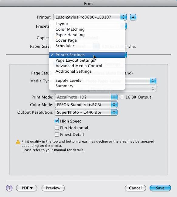 Step 11: In your OS Print (PC: Printer Properties) dialog (again, I use Epson printers, so your dialog may look different), your printer will already be chosen in the Printer popup menu.