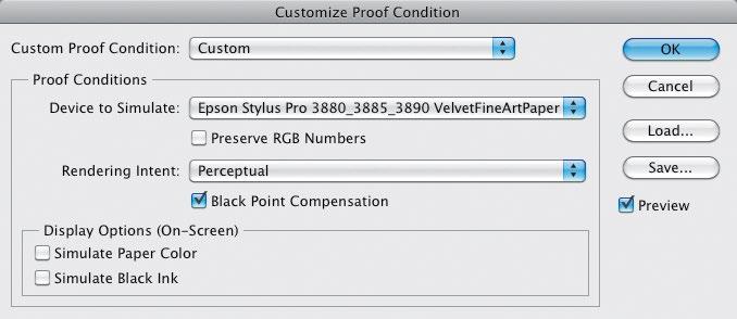 Stylus Pro 3880 printing to Velvet Fine Art Paper). Next, choose the Rendering Intent (see page 19 for more on this), and make sure you leave Black Point Compensation turned on.