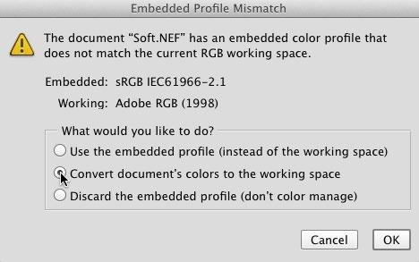 Step Five: About those warnings that help you keep your color management on track: Let s say you open a JPEG photo, and your camera was set to shoot in Adobe RGB (1998), and your Photoshop is set the