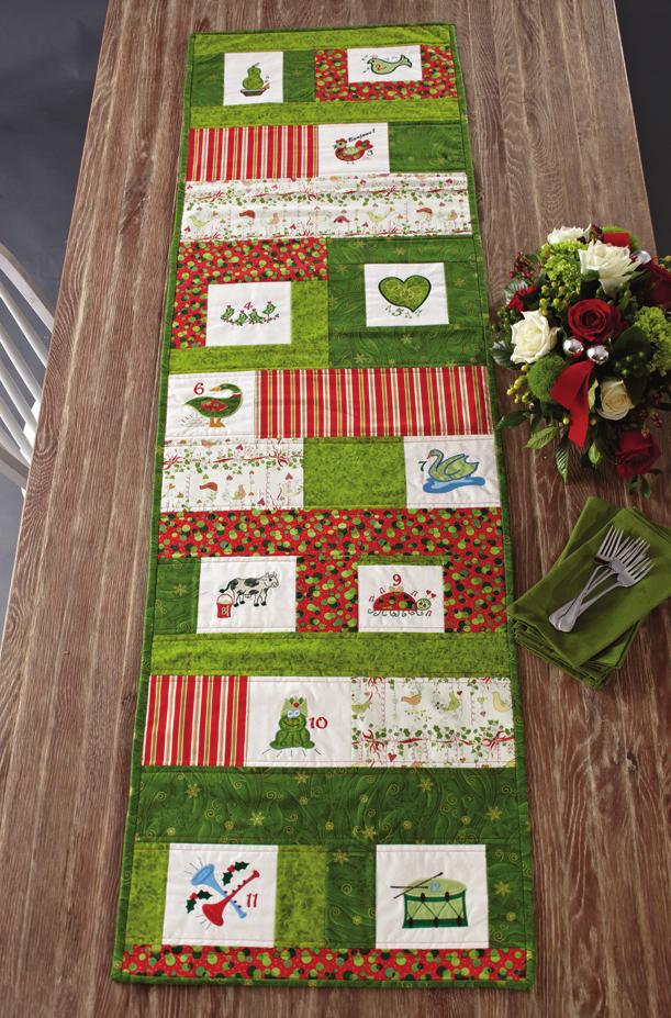 3 8" D Quilt table runner. E Miter corner. Quilt Position the backing rectangle right side down on a flat work surface.