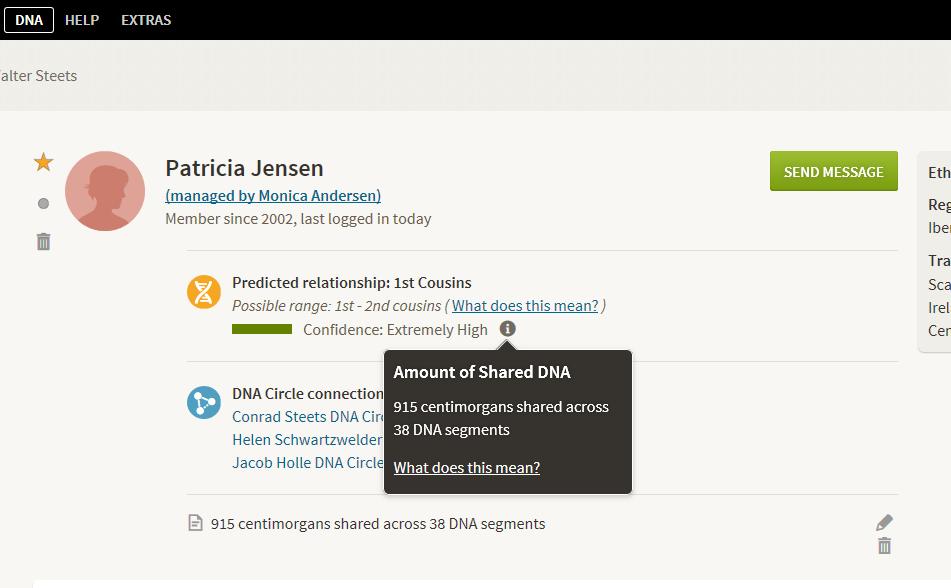 DNA Data from Ancestr y Obtaining the Shared DNA Data from an Ancestr y Match Screen Go to a screen for one of your Shared Matches Click on the icon following the Confidence: level The number of cm