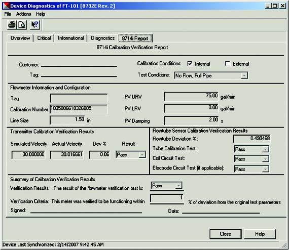 Product Data Sheet 8714i Meter Verification Improves Magnetic Flowmeter Verification Practice Diagnostic in LOI 8714i Meter Verification checks transmitter and