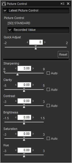 Picture Control (RAW Images) n Picture Control Parameters Fine-tune individual Picture Control parameters, including sharpening, clarity, contrast, and saturation, or select Auto to let Capture NX D