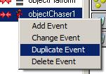 Again, it will react exactly the same way as the first chaser, so we can duplicate that event. Open objectmain.