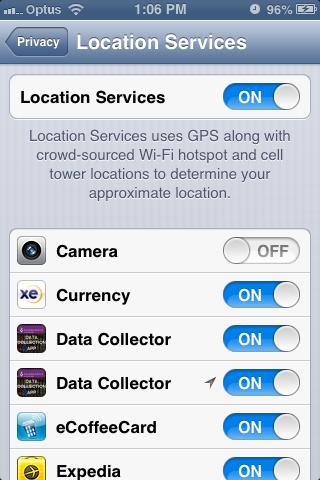 If Location Services is turned OFF, the message displayed in the first image below will appear circled