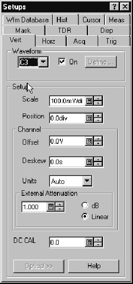 Operating Basics Figure 6: Vertical Setup dialog box Programmer Interface Commands The remote-programming commands for all sampling module are documented in the CSA8000 & TDS8000 Programmer Guide.