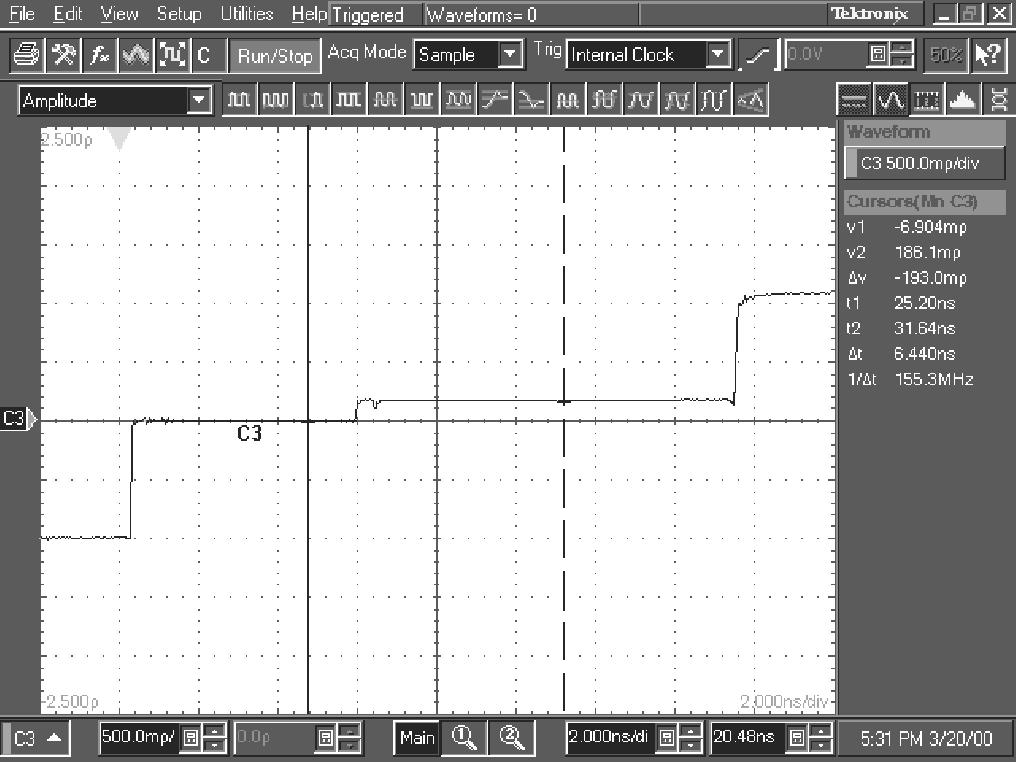 Reference Figure 15 shows a typical waveform from a Tektronix TDS oscilloscope or CSA analyzer equipped with an 80E04 TDR/sampling module.