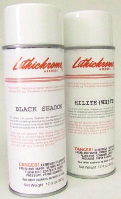 Shadow & Hilite lithichrome Aerosol Shadow is available in aerosol pressure cans in Black, Grey, Brown, Hilite (white) and Gold only.