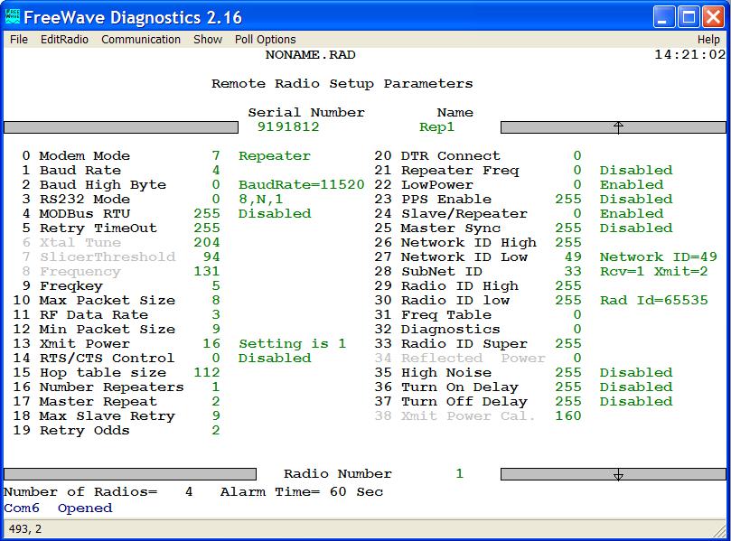 7.5 Reading Screen 2: "Remote Radio Setup Settings" Screen 2 displays a single radio's settings and allows them to be edited. Note: If the firmware version of the Master is earlier than 5.