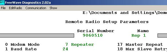 "UP" scroll bar Serial number and name of this modem At the bottom, the screen displays the order of the radio within the radio list (of the previous screens). Specifically, '0' refers to the Master.