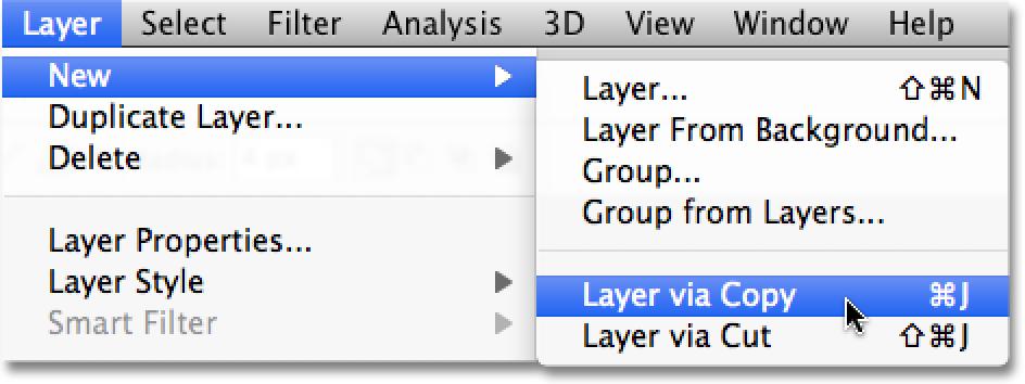 We need to make a copy of the text, so with the text layer selected in the Layers panel (selected layers are highlighted in blue), go up to the Layer menu in the Menu Bar at the top of the screen,