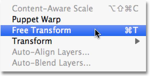 Step 4: Flip And Move The Text With the copy of the original text now converted to pixels, go up to the Edit menu and choose Free Transform, or press Ctrl+T (Win) / Command+T (Mac) to access Free
