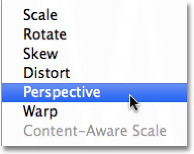 Then, with Free Transform still active, once again right-click (Win) / Control-click (Mac) anywhere inside the document window and choose Perspective from the contextual menu: Choose Perspective from