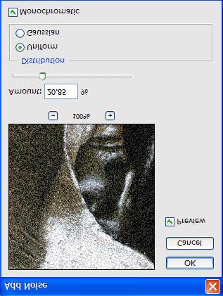 In the Add Noise window you can choose the amount of noise you add, the type of noise (Gaussian noise is more speckled than Uniform noise), and whether the noise is colored or monochromatic.