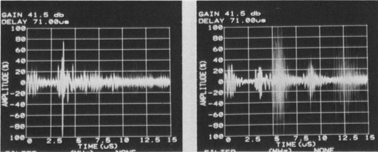 Figure 6 - The left photo shows the signal from a side drilled hole without water noise.