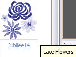 Adding Embroidery Select the Embroideries Drawer to choose an embroidery design. There are eleven categories of embroidery. You can use the scroll arrow to view each of the categories.