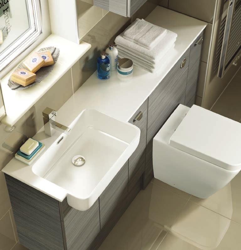 The Largo basin with integrated top surface is available handed to the left or right and