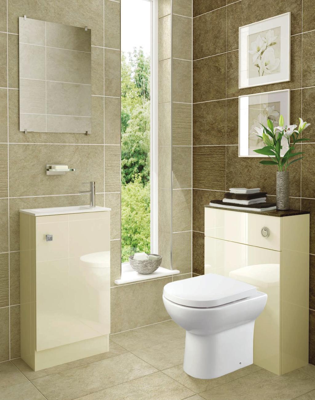 image gloss oyster A 450mm wide floor mounted Mini Cloakroom unit is shown in