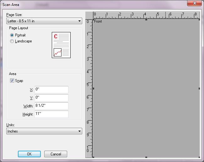NOTE: The Scan Area dialog box is only available when Fixed to Transport or Relative to Document is selected on the Main tab. Page Size the default paper size is set when a scanner is first selected.