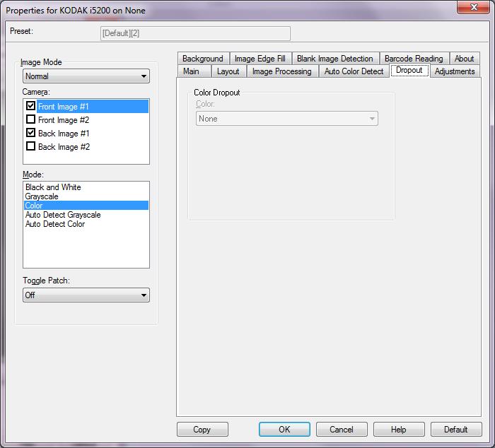 Dropout tab The Dropout tab provides the following options. Color Dropout used to eliminate a form's background so that only the entered data is included in the electronic image (e.g., remove the form s lines and boxes).