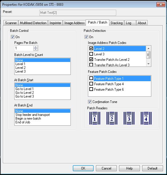 Patch/Batch tab The Batch/Patch tab provides batch and patch functionality. Batching is the operation of counting pages or documents. The Patch tab provides choices of what patch type to recognize.
