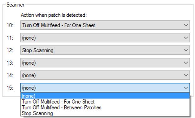 Select one of the following when a patch is detected: Turn Off Multifeed For One Sheet: disables multifeed detection for the page following the patch that is used to trigger this feature.