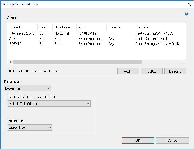 Barcode Sorter Settings window From this window you can select all options for one barcode rule. Criteria for a barcode rule You can have up to four criteria in a barcode rule.